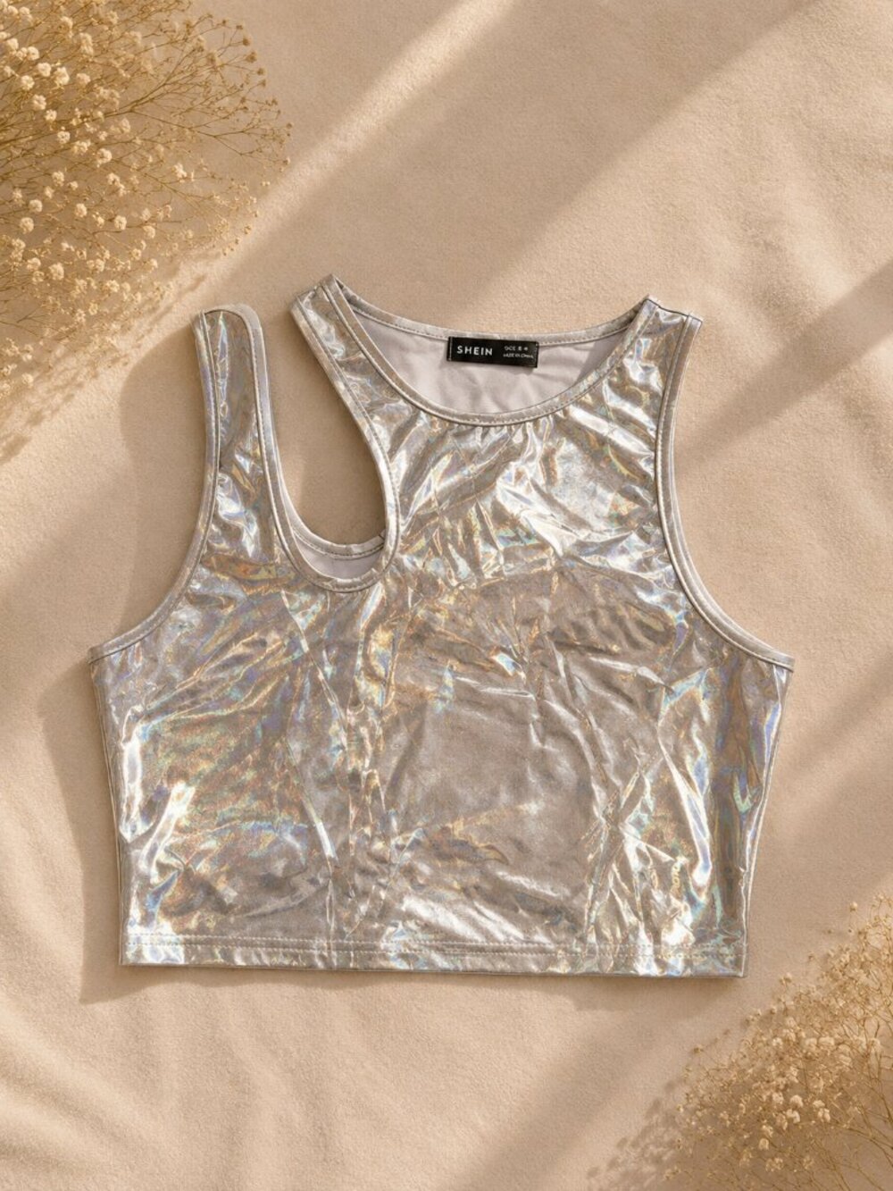 SHEIN Holographic Silver Metallic Crop Top Size M NWOT Festival Rave